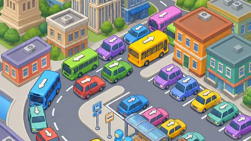 Bus Madness gameplay: an isometric city car park packed with buses and cars