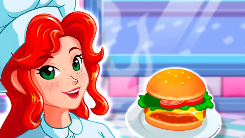 Chef Rescue gameplay: a cartoon chef plating a burger in a busy kitchen
