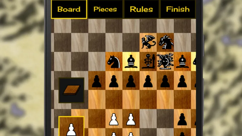 ChessCraft gameplay: a custom chess board on a phone with board, pieces and rules tabs