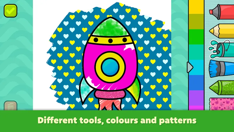 Coloring Book for Kids gameplay: a rocket picture being filled with patterned colours