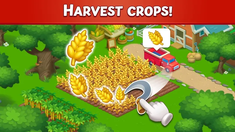 Farm City gameplay: harvesting a wheat field on an isometric farm