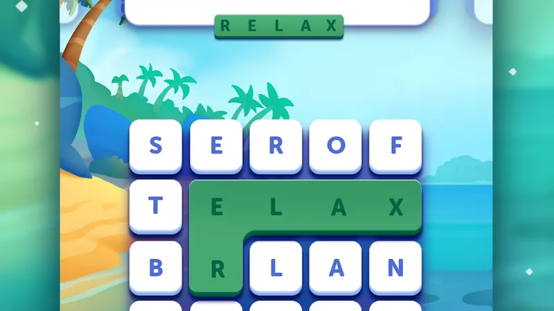 Word Lanes gameplay: a letter grid with the answer RELAX slotted into place